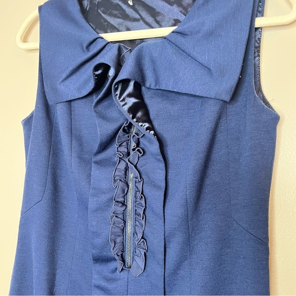NWOT Tahari Ruffle Collar Neck Sleeveless Knee Length Dress Blue Cocktail Party - Picture 3 of 12